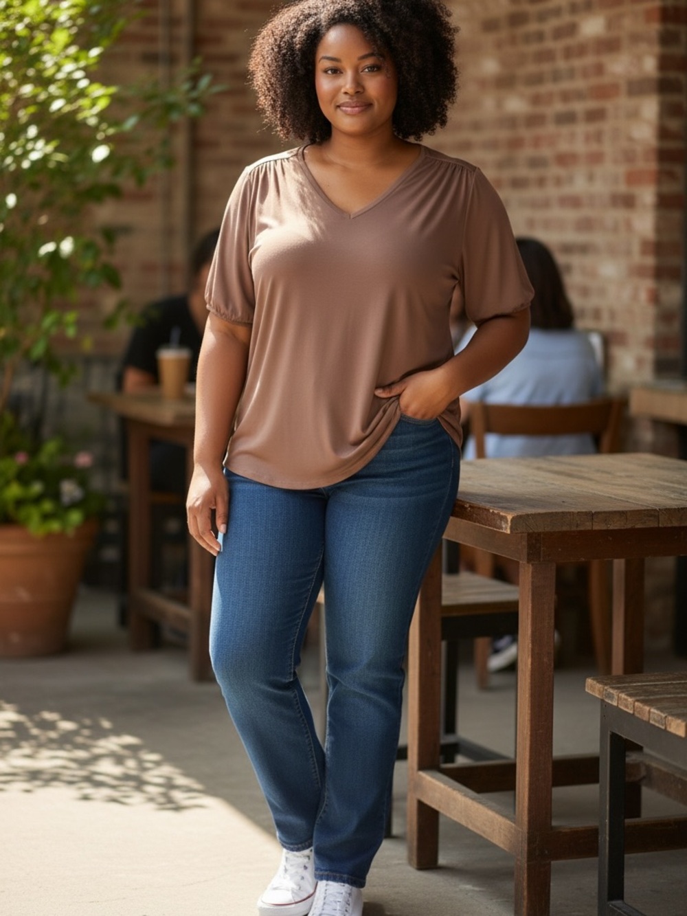 V-Neck Short Puff Sleeve Blouse in Brown